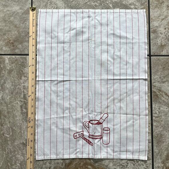 Vintage Embroidered Tea Towel Shaving Razor Brush Red Striped Barber Decor - Picture 2 of 7